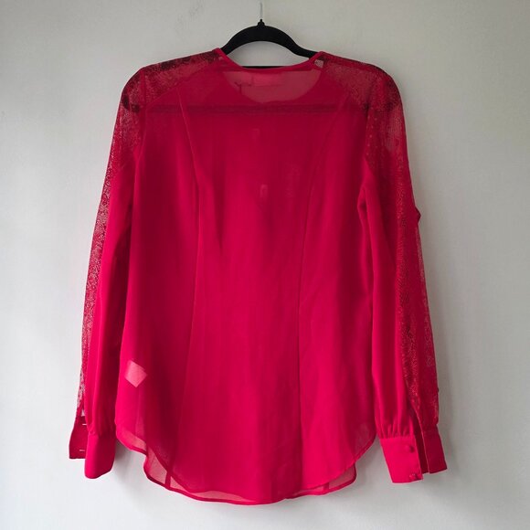 BISOU BISOU Red Ruffle and Lace Blouse | S | Sheer Button Down Round Neck NEW - Picture 4 of 9